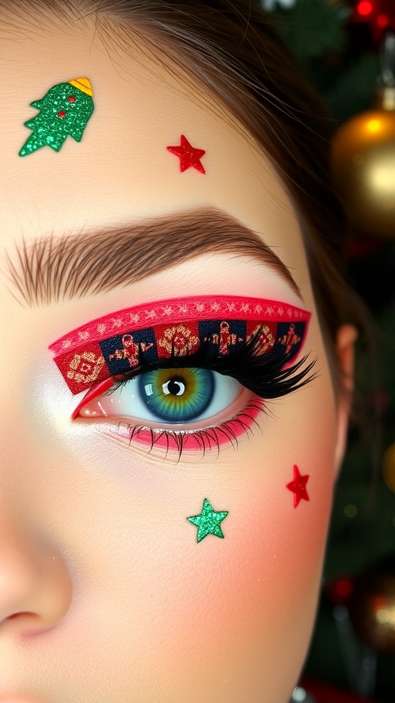 Festive eye makeup with red and green colors and glitter, inspired by ugly Christmas sweaters.